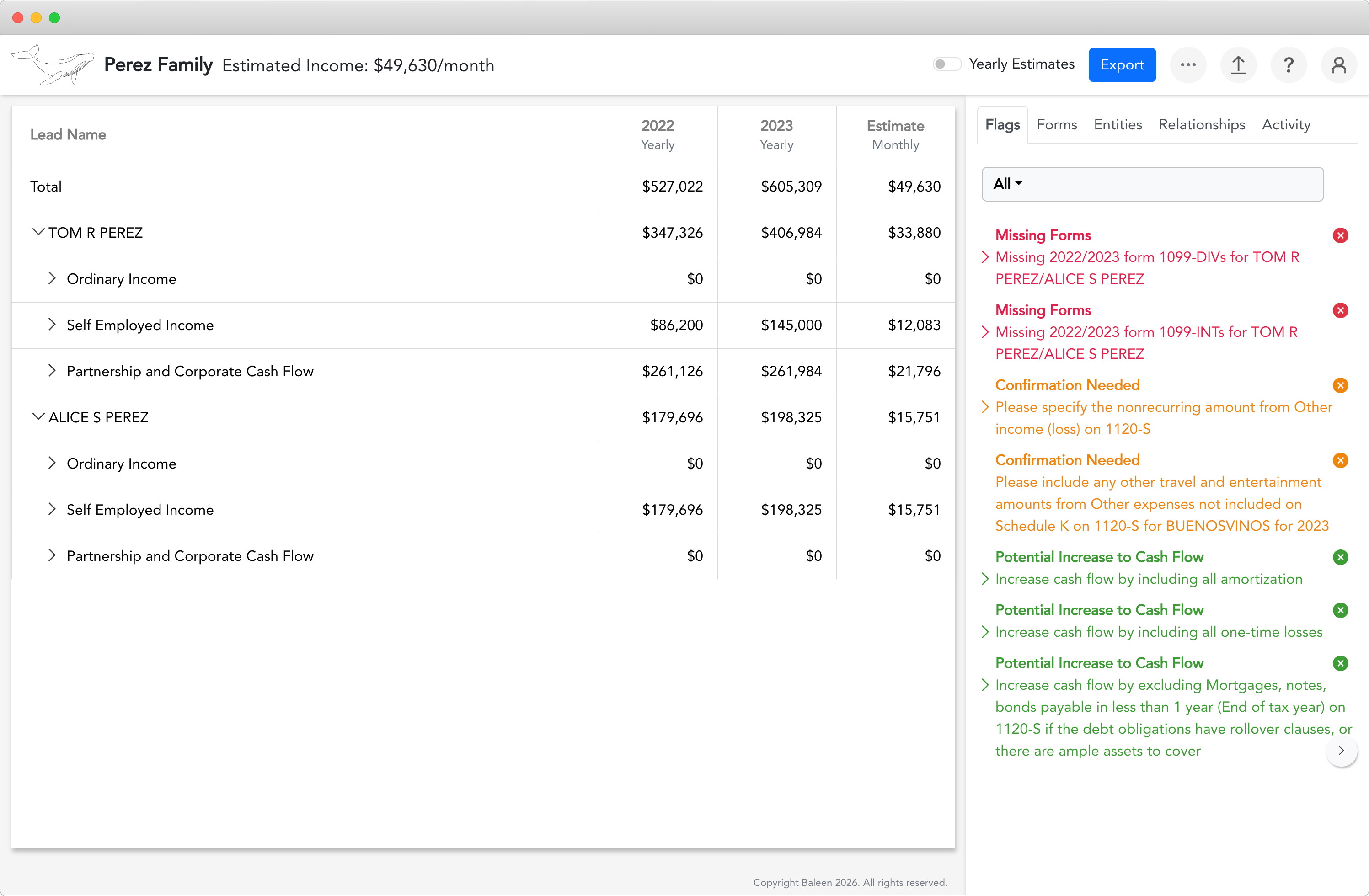 Baleen income analysis platform